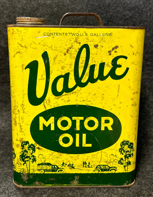 Value Motor Oil 2 Gallon SST Oil Can Tin Car & Truck Graphics