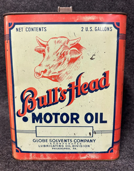 Bull’s Head 2 Gallon Motor Oil SST Can by Globe Solvents Co Philadelphia PA