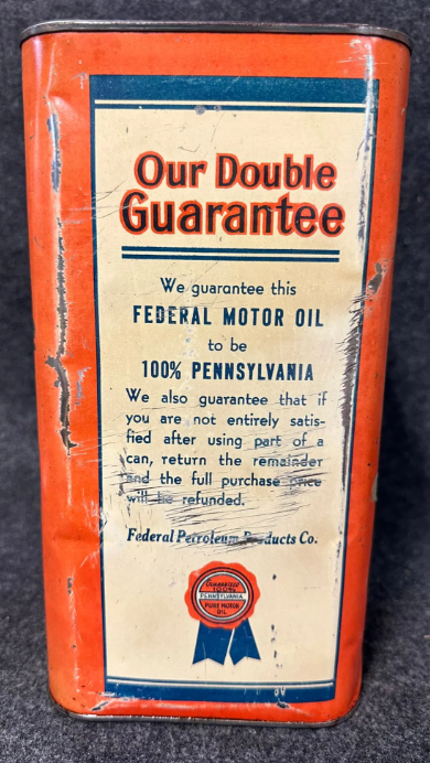 Federal 100% Pure Pennsylvania 2 Gallon SST Motor Oil Can Boston Mass