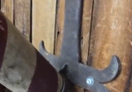 Early Wood Barber Pole on Wrought Iron Bracket with Scissors