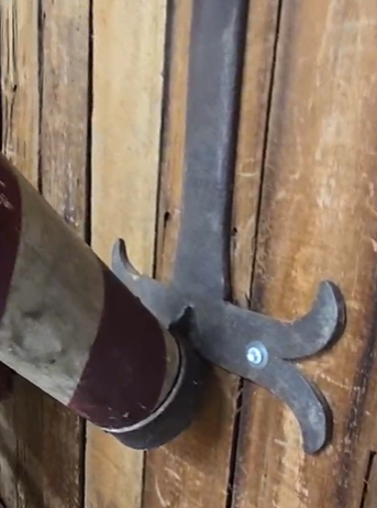 Early Wood Barber Pole on Wrought Iron Bracket with Scissors