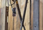Early Wood Barber Pole on Wrought Iron Bracket with Scissors