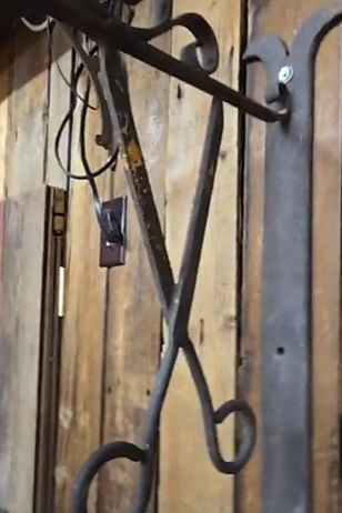 Early Wood Barber Pole on Wrought Iron Bracket with Scissors