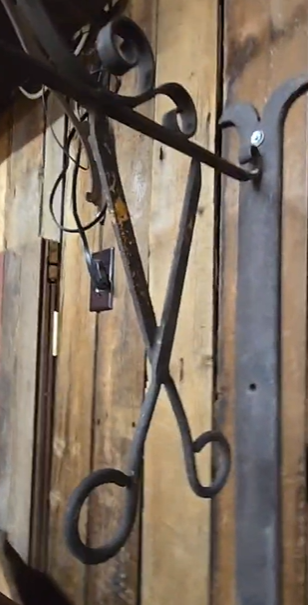 Early Wood Barber Pole on Wrought Iron Bracket with Scissors