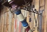 Early Wood Barber Pole on Wrought Iron Bracket with Scissors