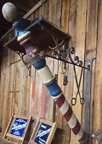 Early Wood Barber Pole on Wrought Iron Bracket with Scissors