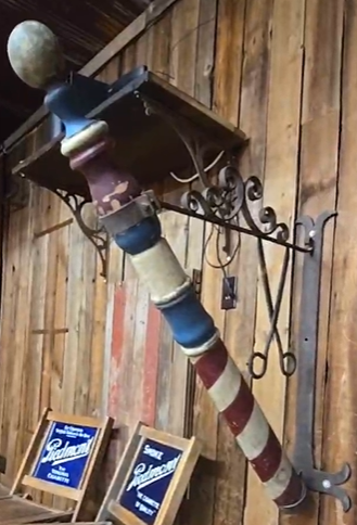 Early Wood Barber Pole on Wrought Iron Bracket with Scissors