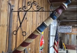 Early Wood Barber Pole on Wrought Iron Bracket with Scissors