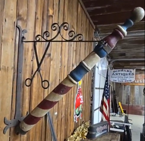 Early Wood Barber Pole on Wrought Iron Bracket with Scissors