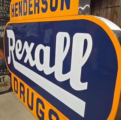 Rexall Drugs Henderson SSP on Two Sides Hanging Sign Millington Michigan