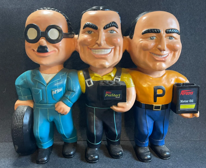 Pep Boys 4′ Tall Manny Moe & Jack Fiberglass Hanging Store Advertising Display
