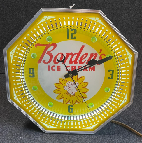 Bordens Ice Cream Lighted Pam Neon Clock with 8 Green Jewels