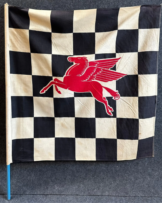 Large 1950s Mobil Oil with Pegasus Canvas Checkered Racing Flag