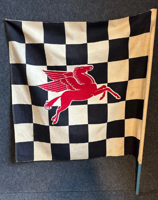 Large 1950s Mobil Oil with Pegasus Canvas Checkered Racing Flag