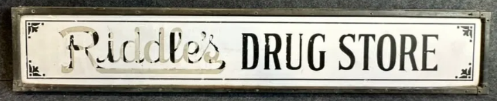 Riddle’s Drug Store Early 1900s Porcelain Etched Advertising Store Sign