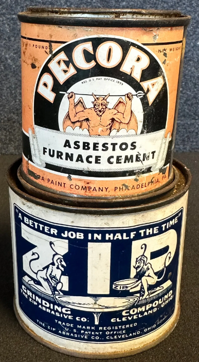 Zip Grinding Compound & Pecora Asbestos Furnace Cement Tin Cans
