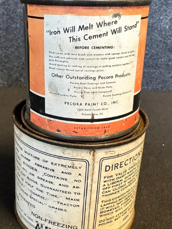 Zip Grinding Compound & Pecora Asbestos Furnace Cement Tin Cans