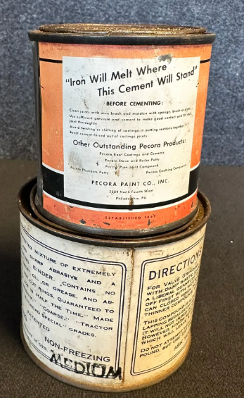 Zip Grinding Compound & Pecora Asbestos Furnace Cement Tin Cans