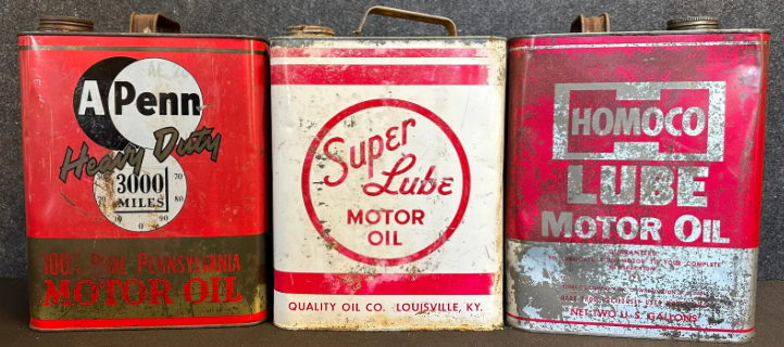 Lot of Three 2-Gallon Motor Oil Cans: APENN, Super Lube Quality & Homoco Lube
