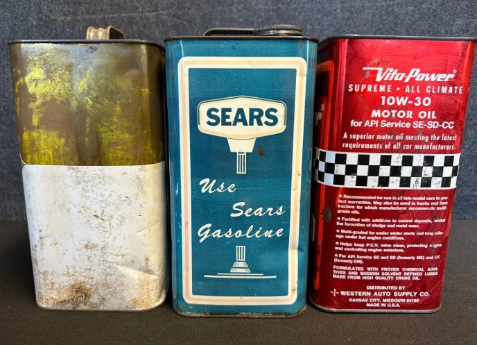 Lot of Three 2-Gallon Motor Oil Cans – Sears, Harvest King & Vita Power