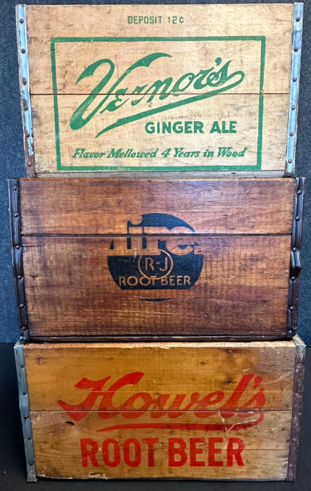 Lot of Three Wood Soda Pop Crates – Vernor’s Hires & Howel’s Root Beer