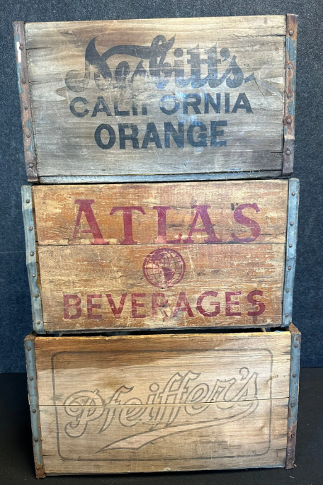 Lot of Three Wood Advertising Soda Pop Crates – Nesbitt’s Atlas Beverage & Pfeiffers Beer