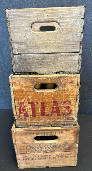 Lot of Three Wood Advertising Soda Pop Crates – Nesbitt’s Atlas Beverage & Pfeiffers Beer