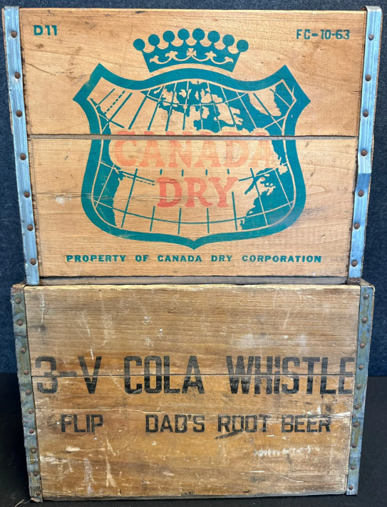 Pair Wood Crates – Canada Dry & 3-V Cola Whistle Flip Dad’s Root Beer