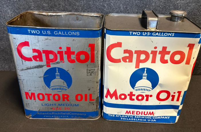 Pair White & Silver Medium & Light Medium 2 Gallon CAPITOL Motor Oil Cans