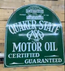 Quaker State Motor Oil Certified Guaranteed Pennsylvania Tombstone DSP Sign