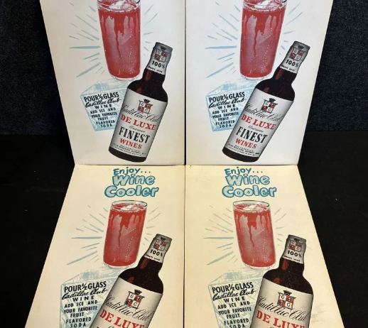 Four Cadillac Club Deluxe Finest Wines Detroit Michigan Cardboard Advertising Signs
