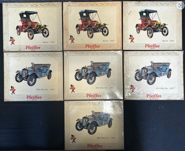 Pfeiffer’s Beer 4 1909 White Steam Car & 3 1909 Maxwell Celluloid Over Masonite Sign