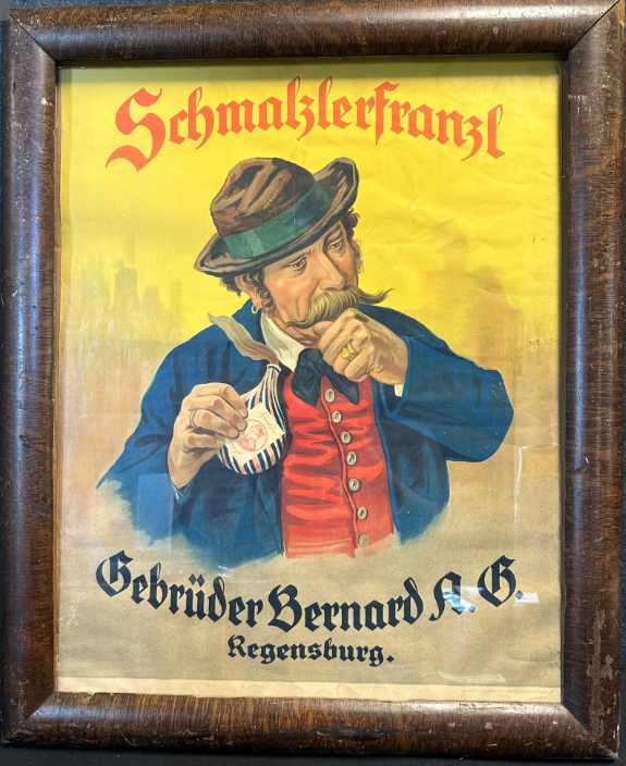Schmalzlerfranzl Gebruder Bernard A.G. Regensburg German Tobacco Sign with Original Frame