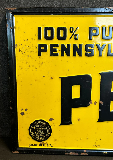 Pennzoil 100% Pure Pennsylvania Embossed Self Framed Safe Lubrication SST Sign