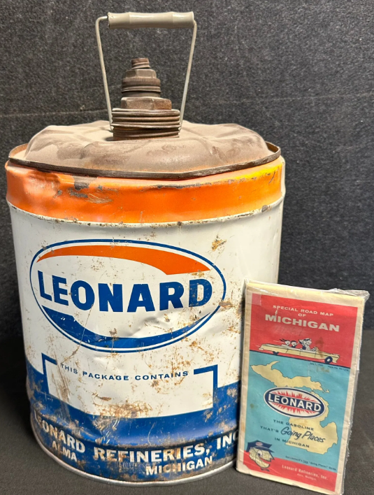 Leonard Oil 5 Gallon SST Motor Oil Can + Original Gas Station Michigan Map