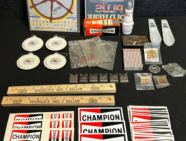 60 Champion Spark Plug Giveaways Stickers, Decals, Buttons, Rulers, Cards,