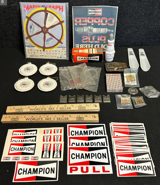 60 Champion Spark Plug Giveaways Stickers, Decals, Buttons, Rulers, Cards,
