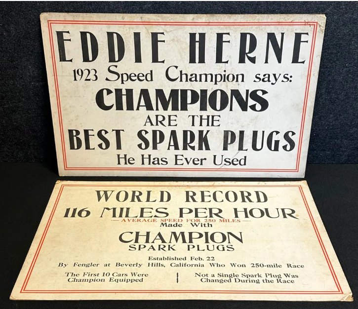 Eddie Herne 1923 Champion Spark Plugs Cardboard Signs