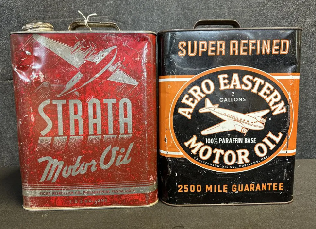 Pair Aero Eastern & Strata Motor Oil 2 Gallon SST Oil Cans