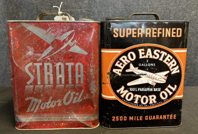 Pair Aero Eastern & Strata Motor Oil 2 Gallon SST Oil Cans