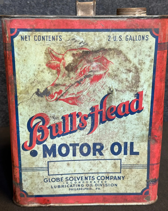 Bull’s Head Motor Oil 2 Gallon Metal Can by Globe Solvents Co. Philadelphia PA