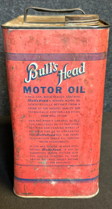 Bull’s Head Motor Oil 2 Gallon Metal Can by Globe Solvents Co. Philadelphia PA