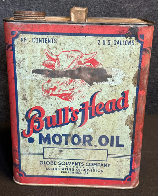 Bull’s Head Motor Oil 2 Gallon Metal Can by Globe Solvents Co. Philadelphia PA