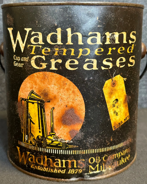 Wadham’s Tempered Grease 5 Lb Ca. 1920s Grease Bucket w/ Bail Handle