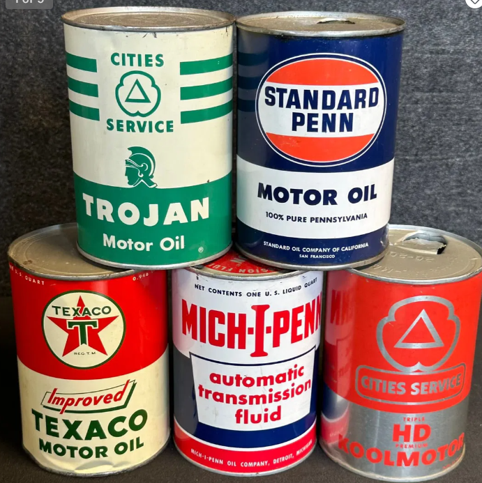 Lot of 5 Vintage Quart SST Oil Cans: Cities Service Trojan & Koolmotor HD, Standard Penn, Texaco Improved