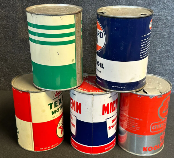 Lot of 5 Vintage Quart SST Oil Cans: Cities Service Trojan & Koolmotor HD, Standard Penn, Texaco Improved