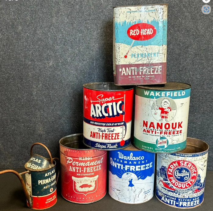 Lot of 7 Anti-Freeze 1 Gallon SST Cans & Folk Art Atlas Quart Can Oiler Can: Redhead, Warlasco
