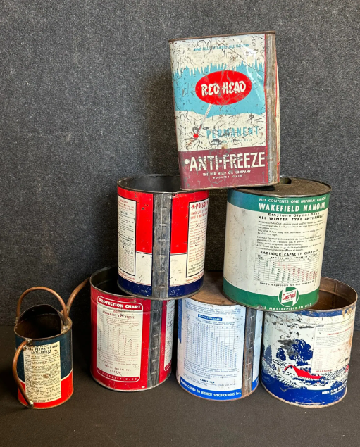 Lot of 7 Anti-Freeze 1 Gallon SST Cans & Folk Art Atlas Quart Can Oiler Can: Redhead, Warlasco