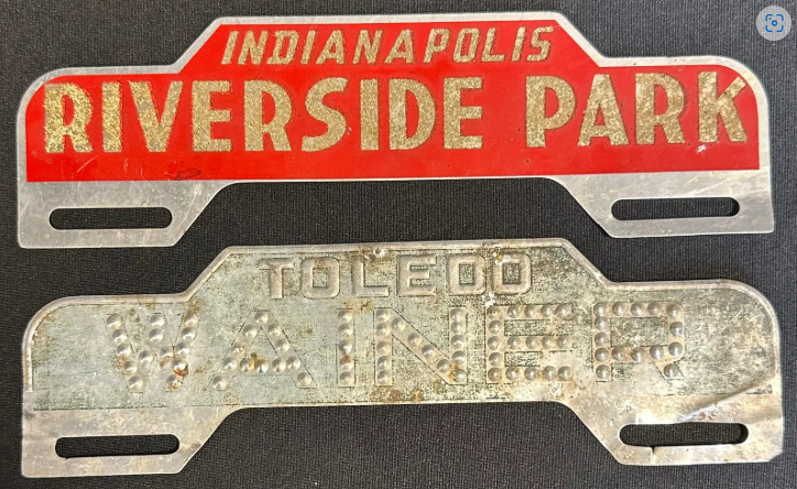 Pair 1920s-30s License Plate Toppers: Ford Punched Wainer Toledo Ohio & Indianapolis Riverside Park