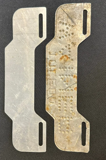 Pair 1920s-30s License Plate Toppers: Ford Punched Wainer Toledo Ohio & Indianapolis Riverside Park